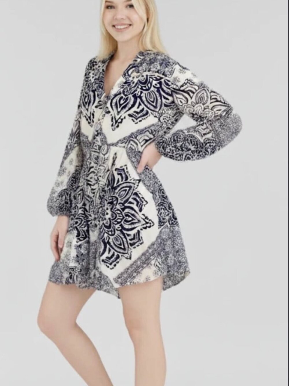 Zara Long Sleeve Mini Dress Womens L Navy White Paisley Balloon Sleeve Cotton